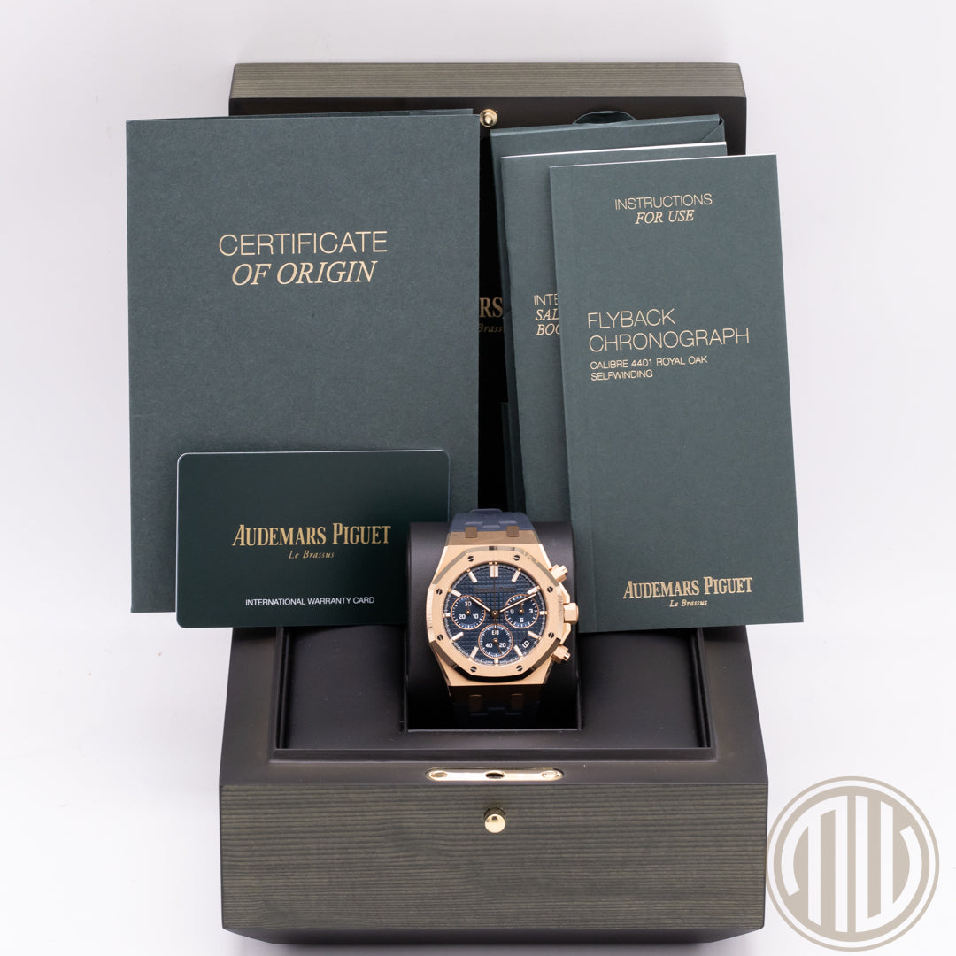 Audemars Piguet Royal Oak Chronograph Blue Dial | 50th Anniversary | 18ct Roségold | Box and Papers