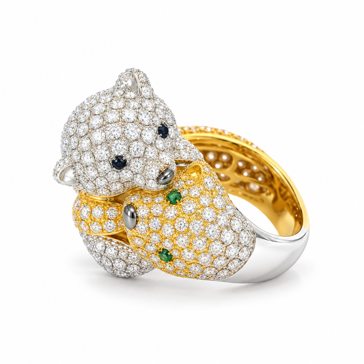 Luxury Bear Diamond Ring – 229 Brillanten, 3,11 ct, Smaragd & Saphir