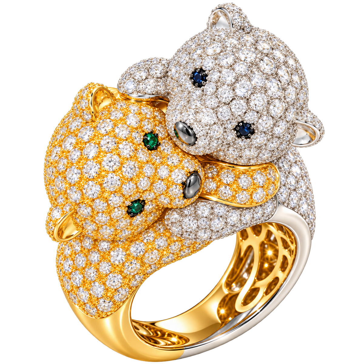 Luxury Bear Diamond Ring – 229 Brillanten, 3,11 ct, Smaragd & Saphir
