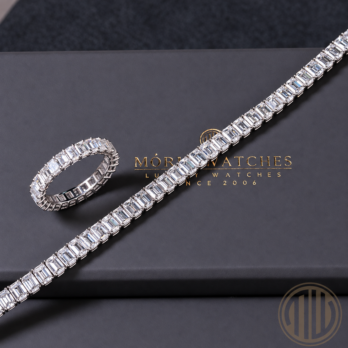 Emerald Cut Diamond Bracelet & Ring – 20,51 ct Natural Diamonds | F/VS | 750 White Gold