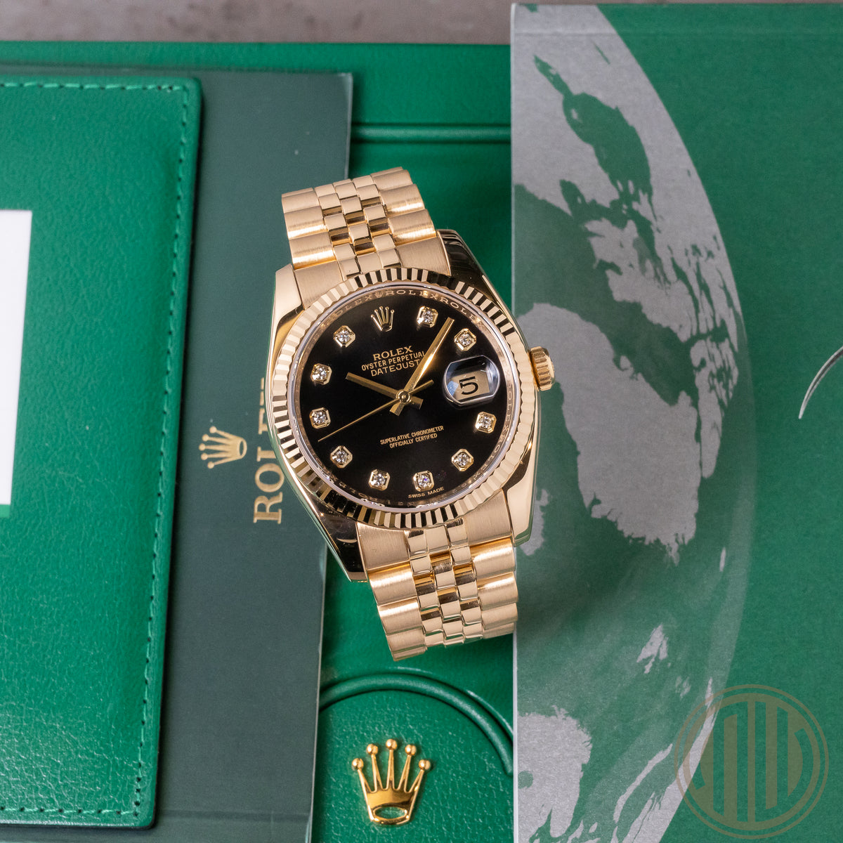 Rolex Datejust 36 Black Diamond Dial Lc100 | 18kt Yellowgold | Box and Papers | 2017 | 116238