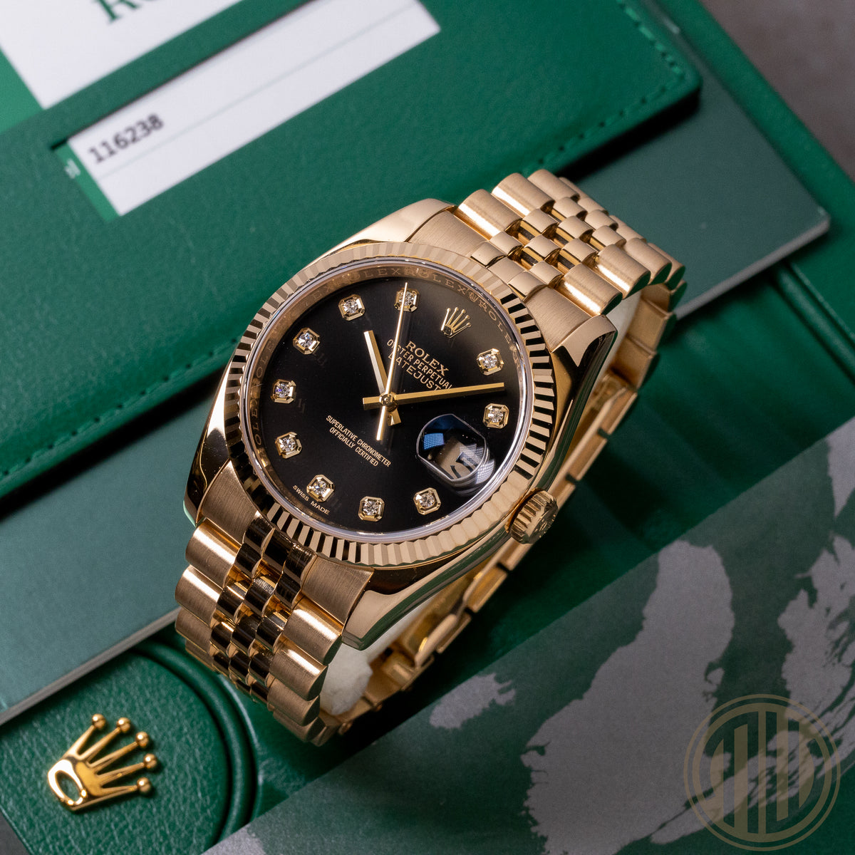 Rolex Datejust 36 Black Diamond Dial Lc100 | 18kt Yellowgold | Box and Papers | 2017 | 116238