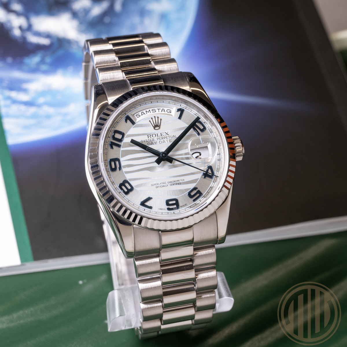 Rolex Day-Date 36 Platinum Wave Dial | 18ct Whitegold | Lc100 | Box and Papers | 2009