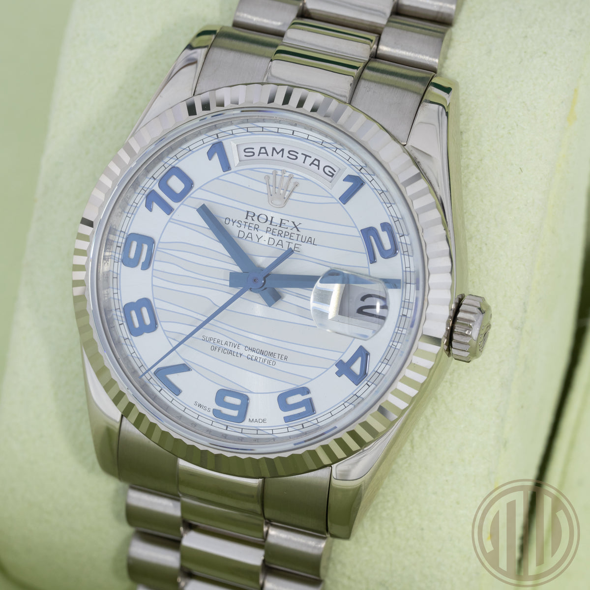 Rolex Day-Date 36 Platinum Wave Dial | 18ct Whitegold | Lc100 | Box and Papers | 2009