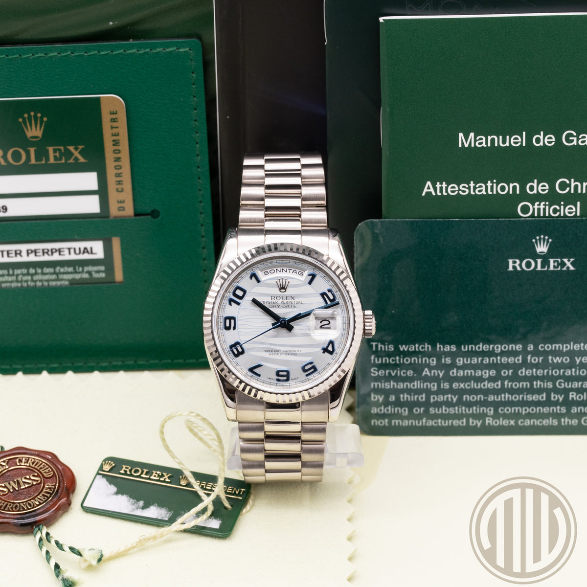 Rolex Day-Date 36 Platinum Wave Dial | 18ct Whitegold | Lc100 | Box and Papers | 2009