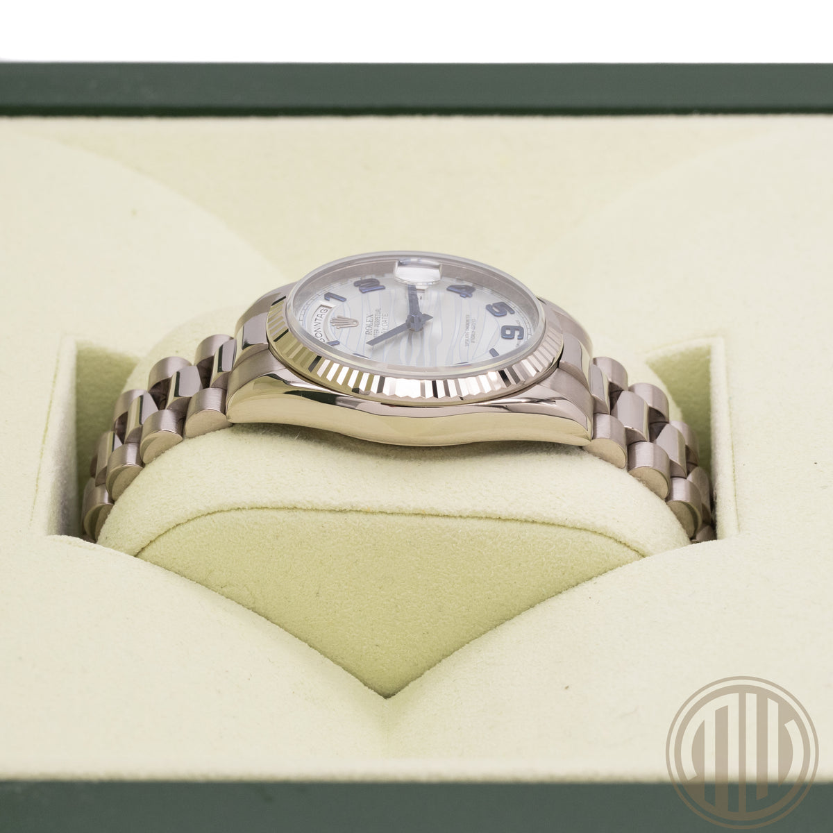 Rolex Day-Date 36 Platinum Wave Dial | 18ct Whitegold | Lc100 | Box and Papers | 2009