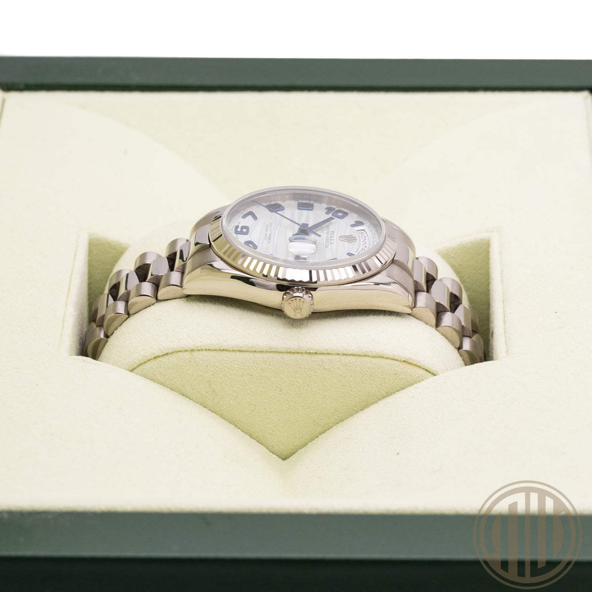 Rolex Day-Date 36 Platinum Wave Dial | 18ct Whitegold | Lc100 | Box and Papers | 2009