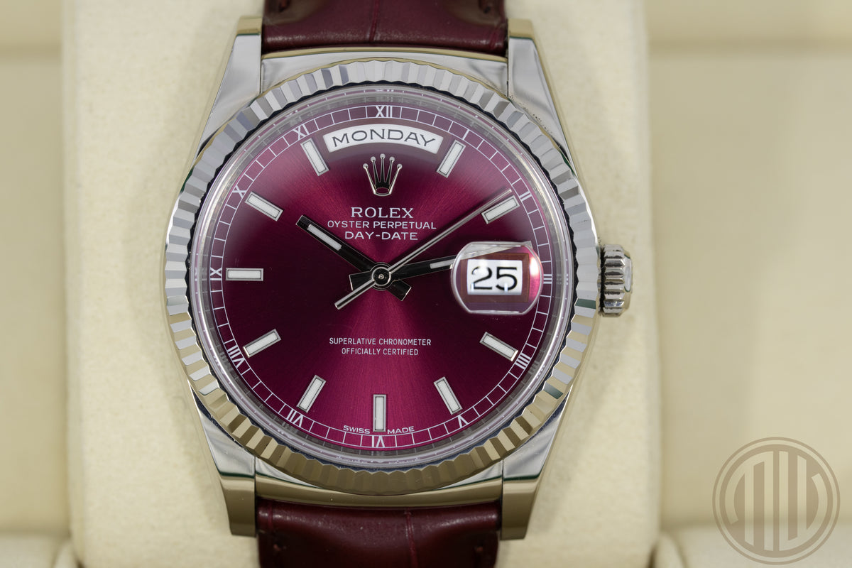 Rolex Day-Date 36 Cherry Dial | LC100 | 18ct Whitegold | Box and Papers | 2013