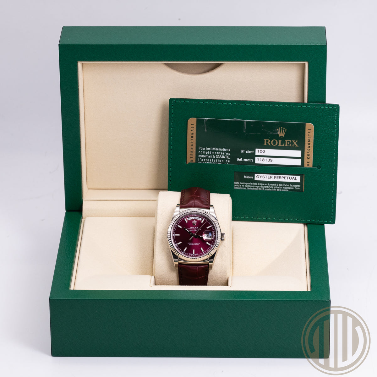 Rolex Day-Date 36 Cherry Dial | LC100 | 18ct Whitegold | Box and Papers | 2013