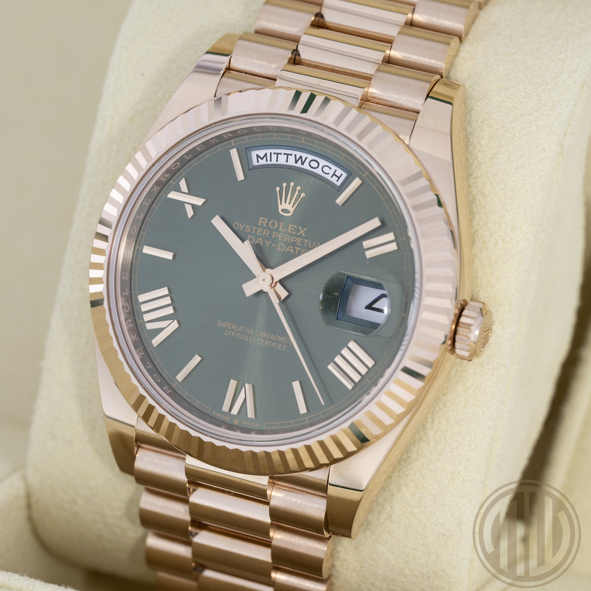 Rolex Day-Date 40 New | Unworn | Everose | Olive Dial | Box and Papers | 2023 | 228235