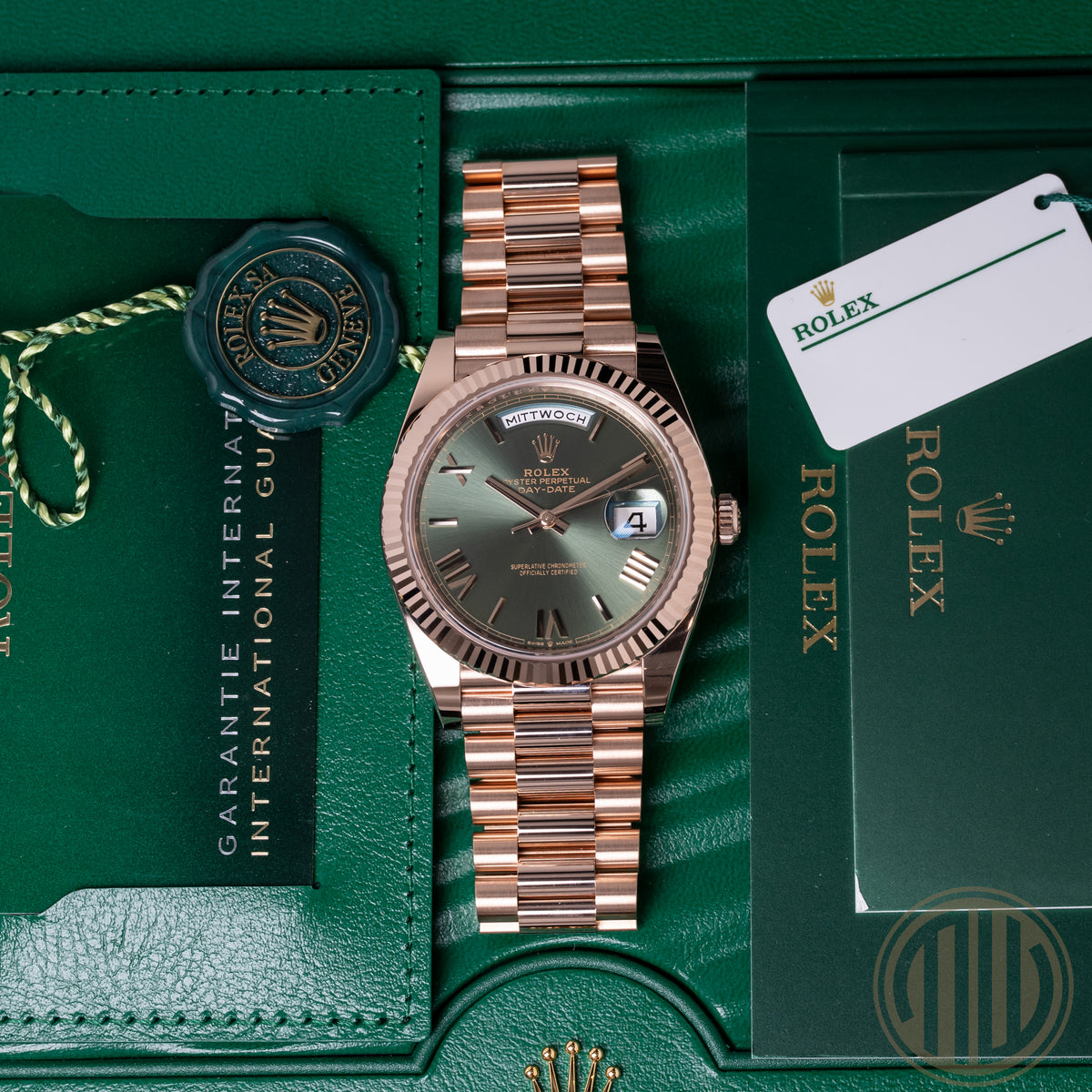 Rolex Day-Date 40 New | Unworn | Everose | Olive Dial | Box and Papers | 2023 | 228235