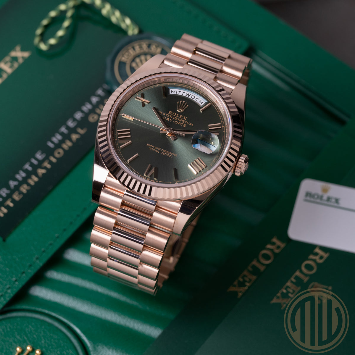 Rolex Day-Date 40 New | Unworn | Everose | Olive Dial | Box and Papers | 2023 | 228235