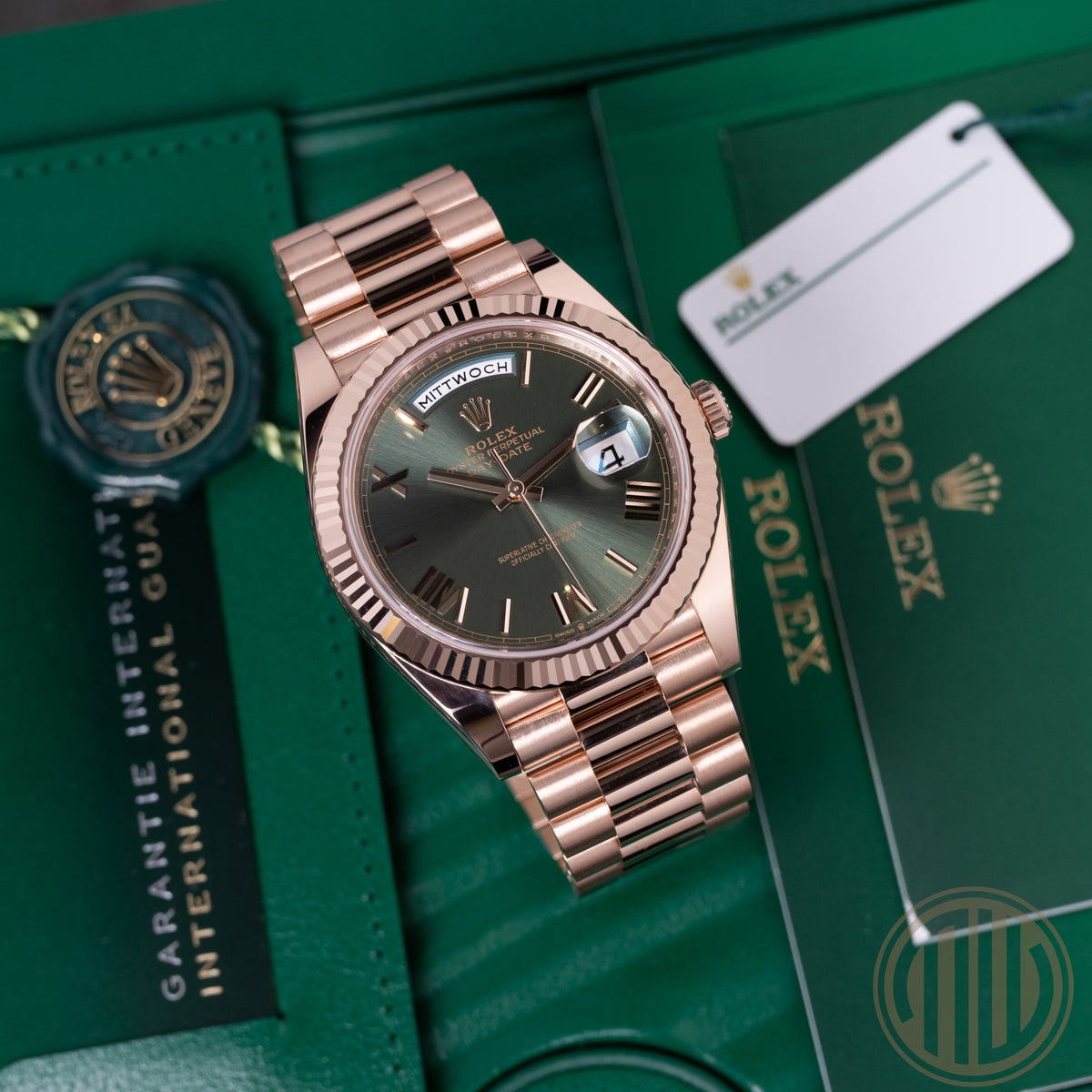 Rolex Day-Date 40 New | Unworn | Everose | Olive Dial | Box and Papers | 2023 | 228235