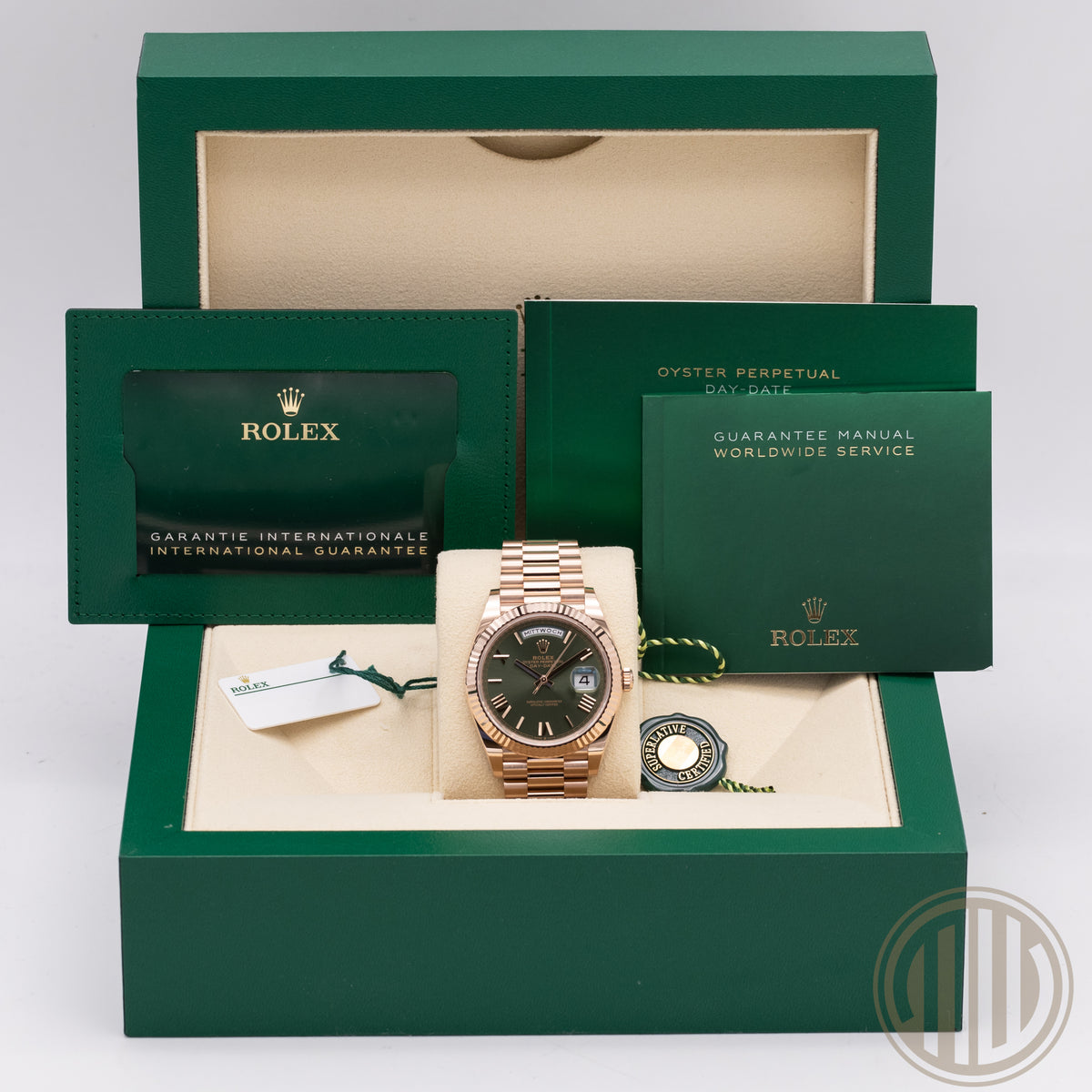 Rolex Day-Date 40 New | Unworn | Everose | Olive Dial | Box and Papers | 2023 | 228235