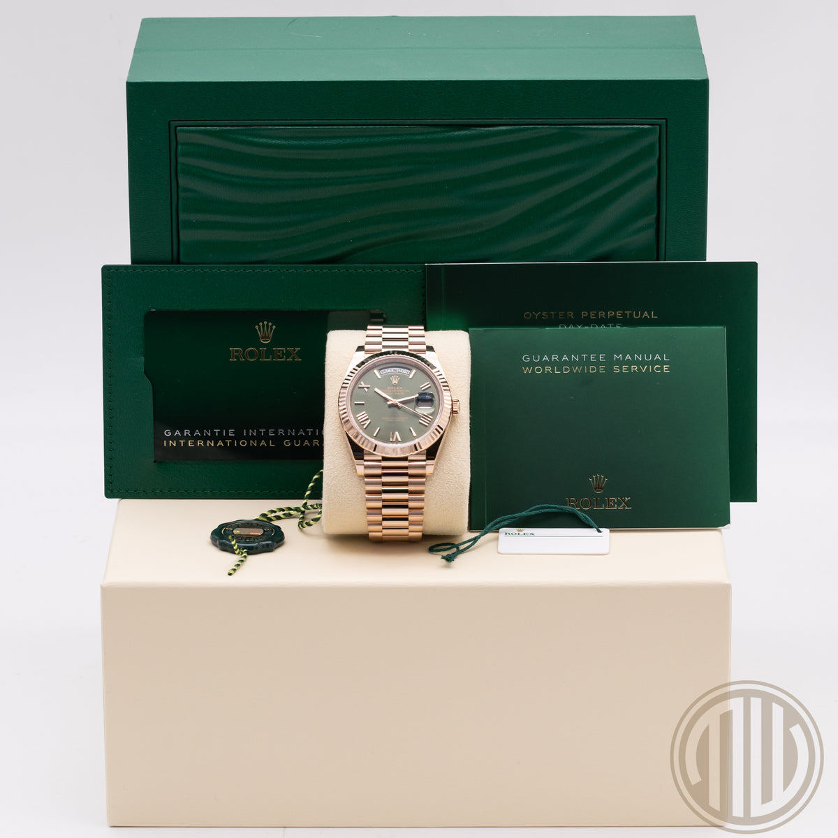 Rolex Day-Date 40 New | Unworn | Everose | Olive Dial | Box and Papers | 2023 | 228235