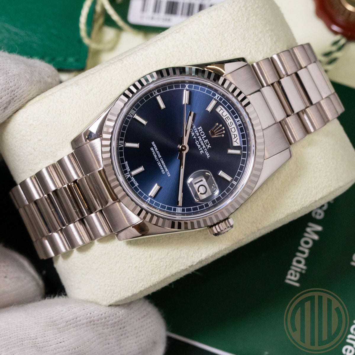 Rolex Day-Date 36 18kt Whitegold | Blue Dial | Lc100 | Box and Papers | 2009