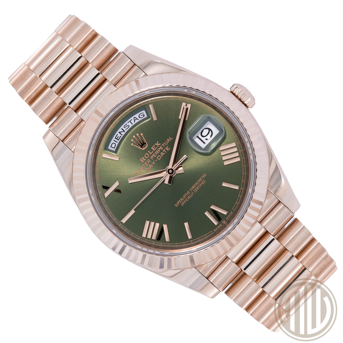Rolex Day-Date 40 Olive Green Dial | Everose | Lc100 | Box and Papers | 2018
