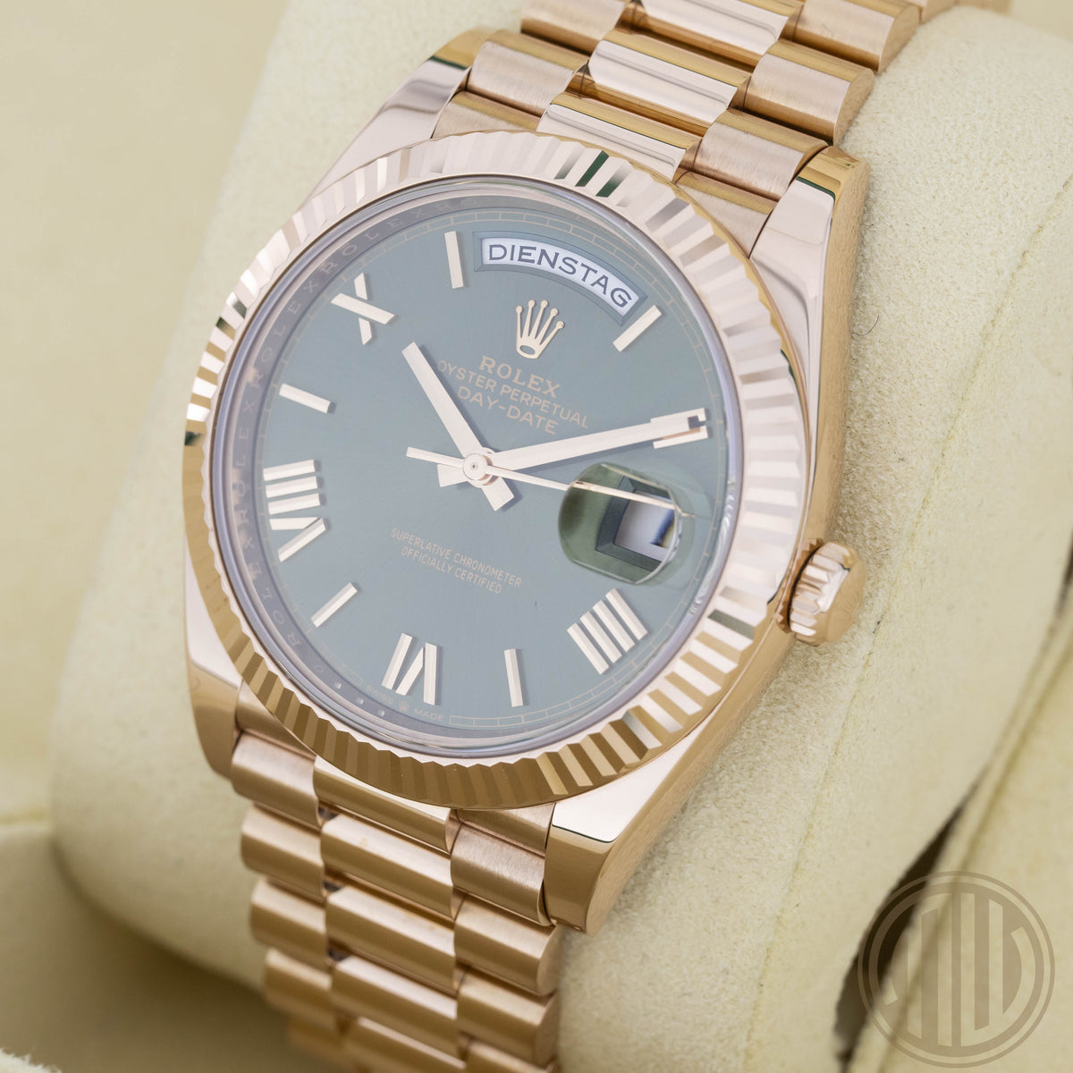 Rolex Day-Date 40 Olive Green Dial | Everose | Lc100 | Box and Papers | 2018