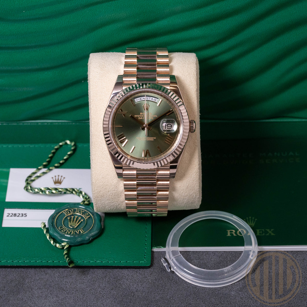 Rolex Day-Date 40 Olive Green Dial | Everose | Lc100 | Box and Papers | 2018
