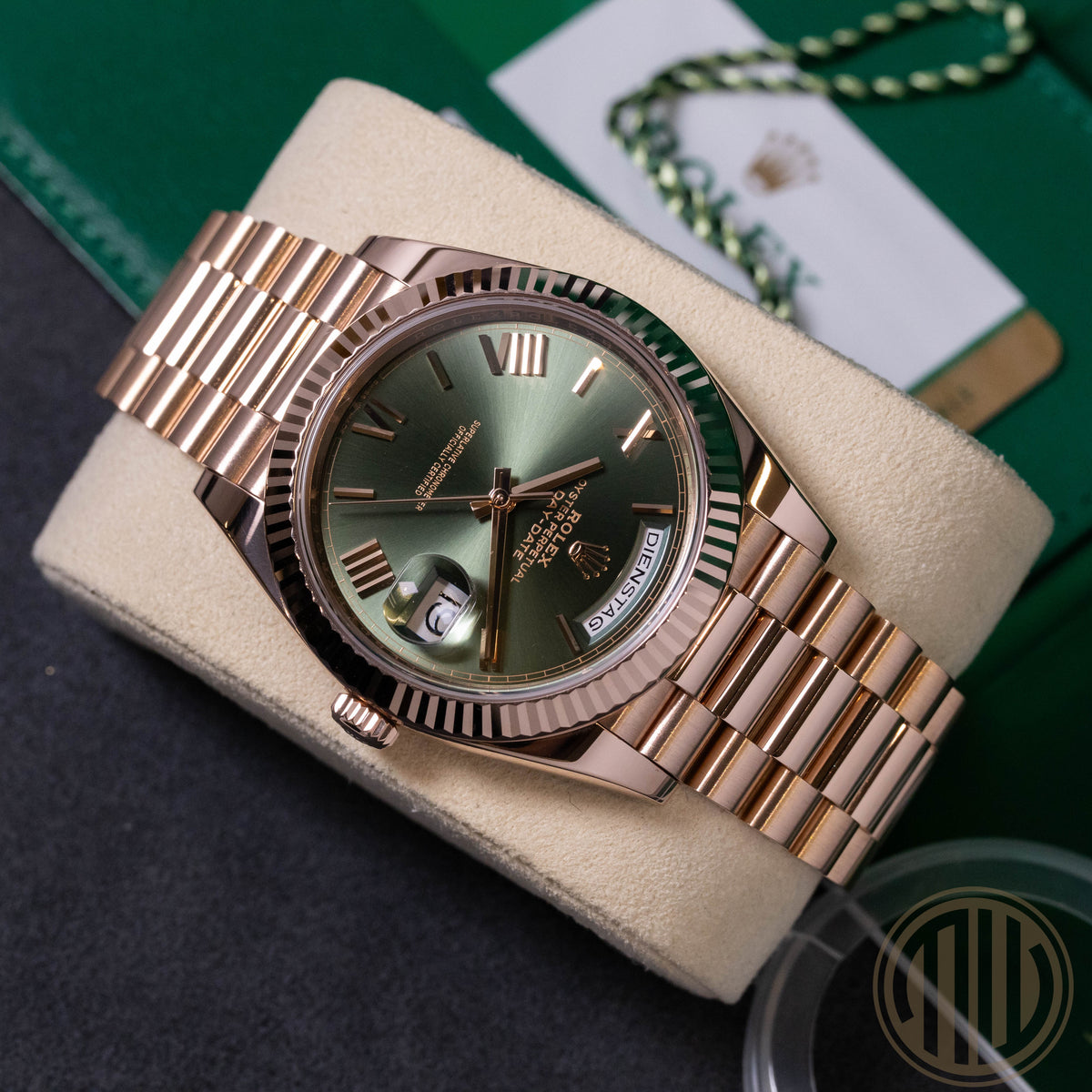 Rolex Day-Date 40 Olive Green Dial | Everose | Lc100 | Box and Papers | 2018