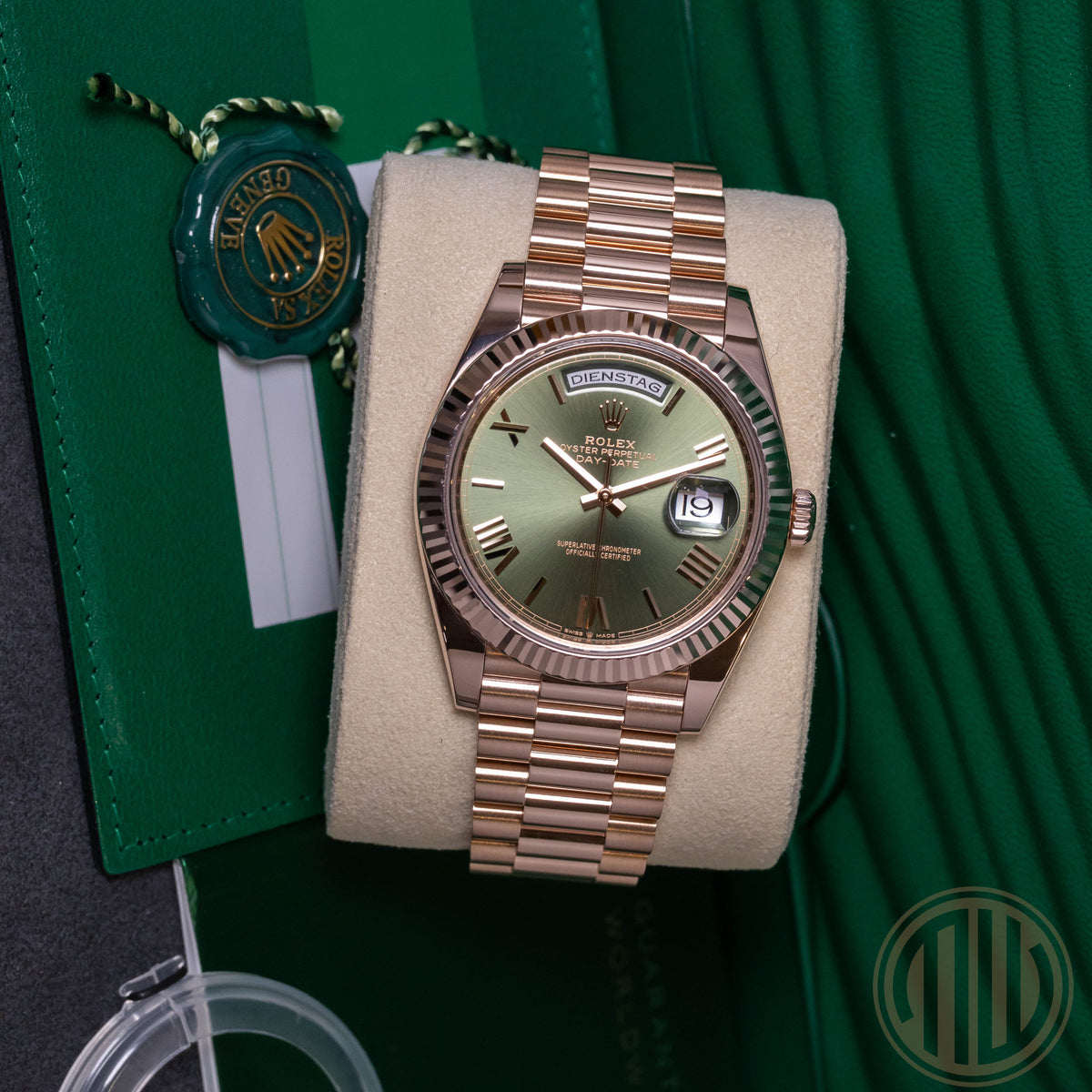 Rolex Day-Date 40 Olive Green Dial | Everose | Lc100 | Box and Papers | 2018