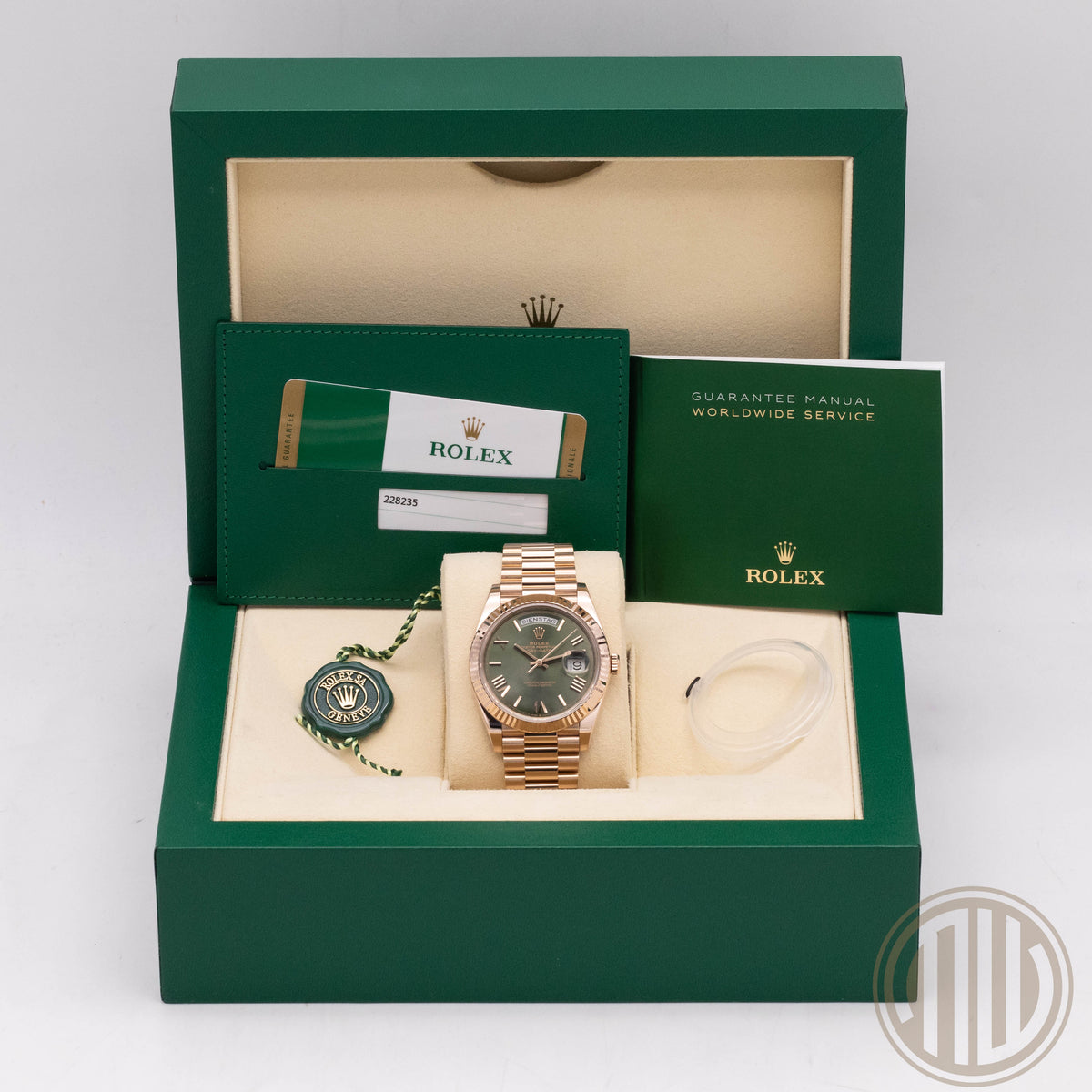 Rolex Day-Date 40 Olive Green Dial | Everose | Lc100 | Box and Papers | 2018