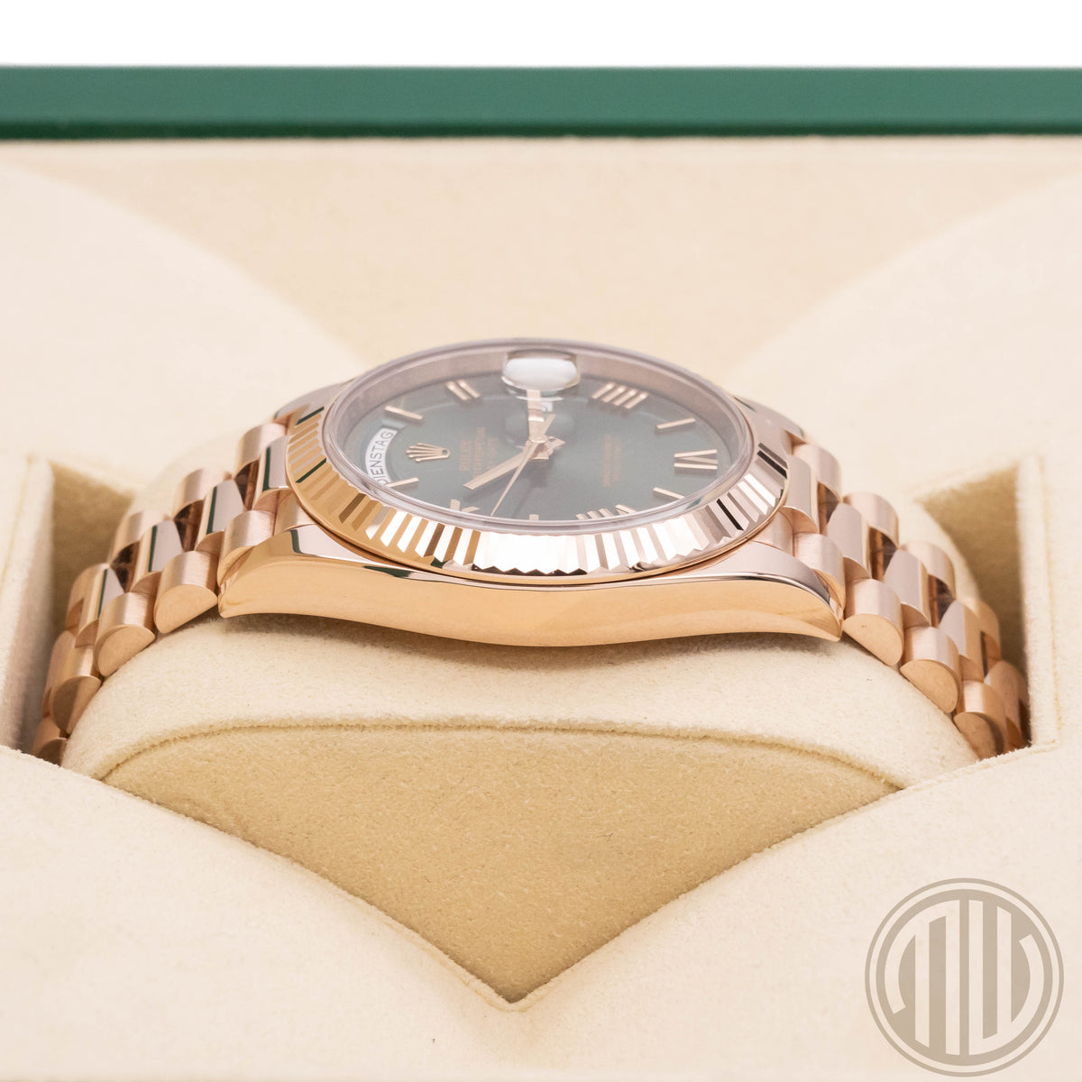 Rolex Day-Date 40 Olive Green Dial | Everose | Lc100 | Box and Papers | 2018