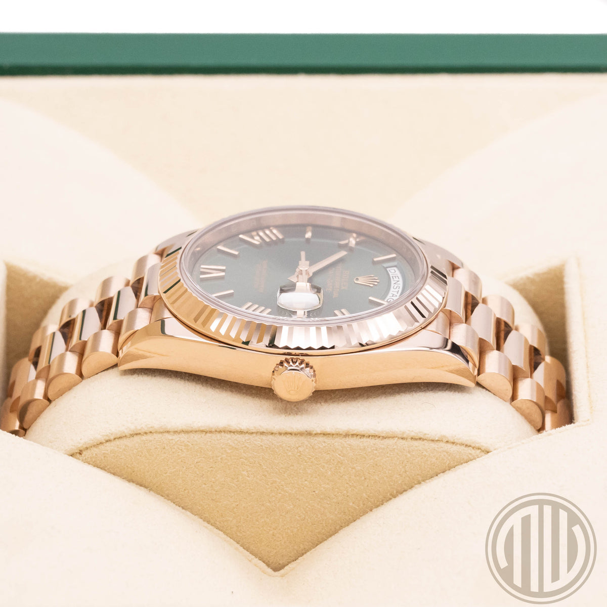 Rolex Day-Date 40 Olive Green Dial | Everose | Lc100 | Box and Papers | 2018