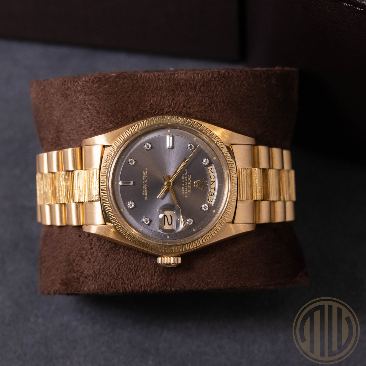 Rolex Day-Date 36 Grey Sigma Diamond Dial | Bark | 18kt Yellowgold