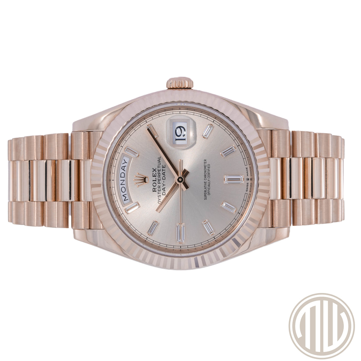 Rolex Day-Date 40 Sundust Baguette Dial | Everose-Gold | Box and Papers | 2020