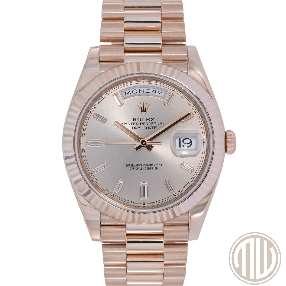 Rolex Day-Date 40 Sundust Baguette Dial | Everose-Gold | Box and Papers | 2020