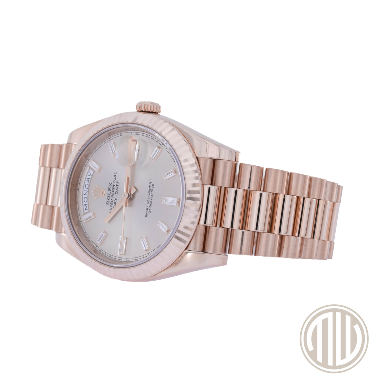 Rolex Day-Date 40 Sundust Baguette Dial | Everose-Gold | Box and Papers | 2020