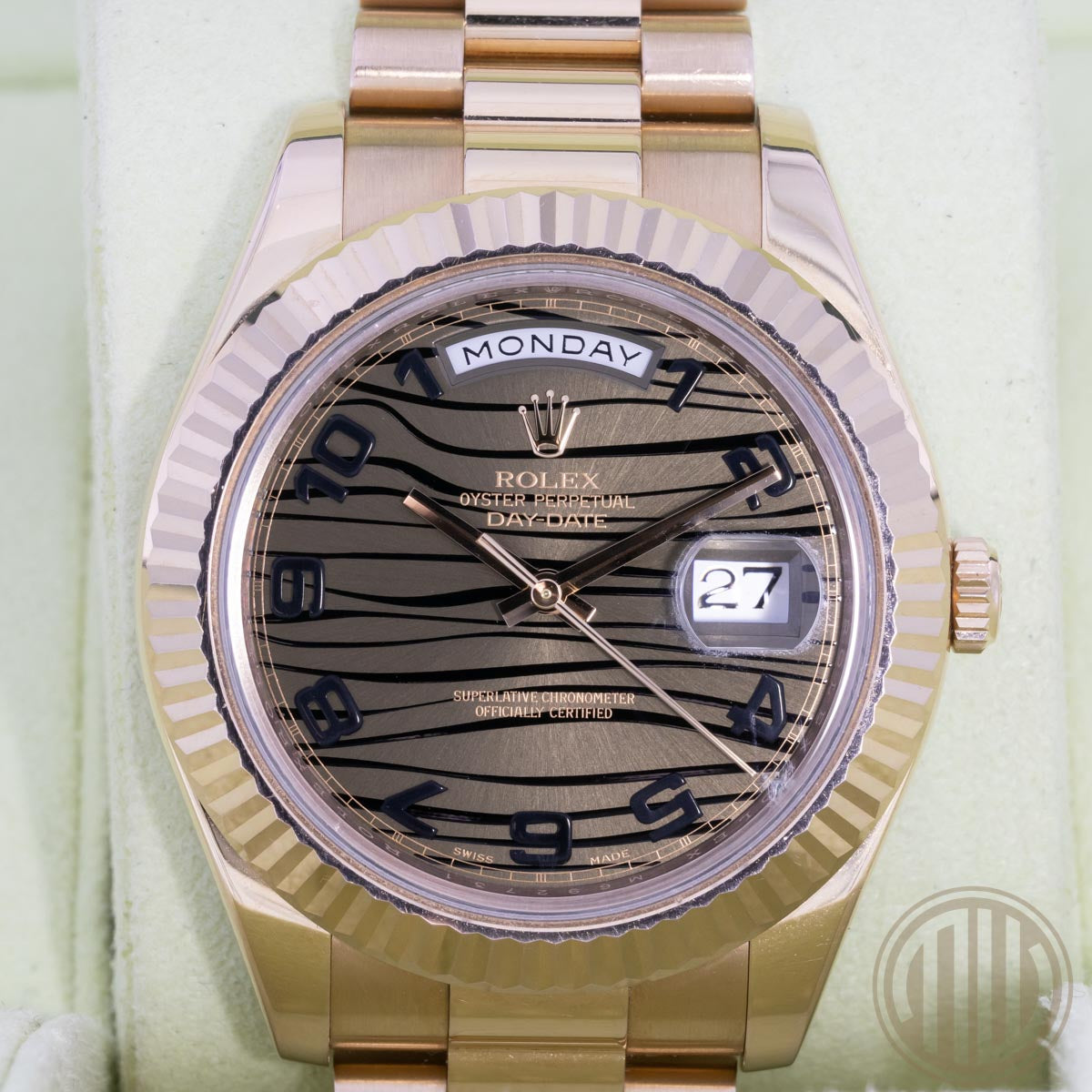 Rolex Day-Date II Chocolate Wave Dial | Lc100 | Box and Papers | 218235