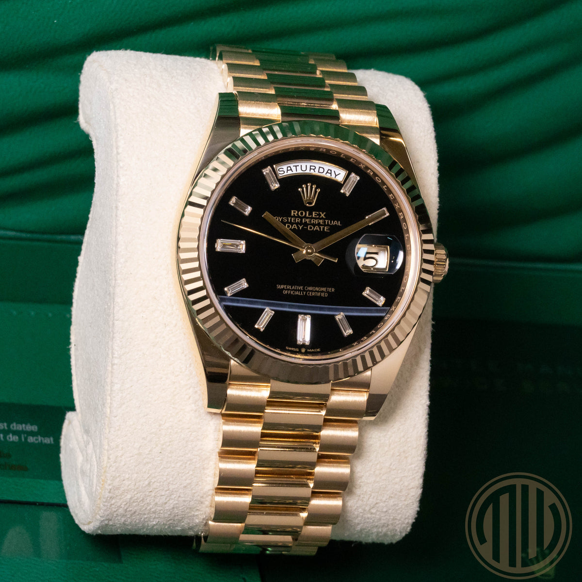 Rolex Day-Date 40 Onyx Baguette Dial | 18kt Yellowgold | Box and Papers | 2023