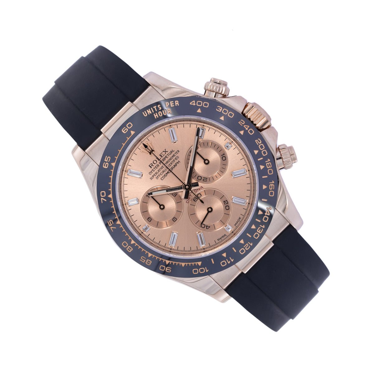 Rolex Daytona Oro rosa de 18 quilates | Esfera baguette | Lc100 | Ostraflex | Caja y Papeles | 2019 