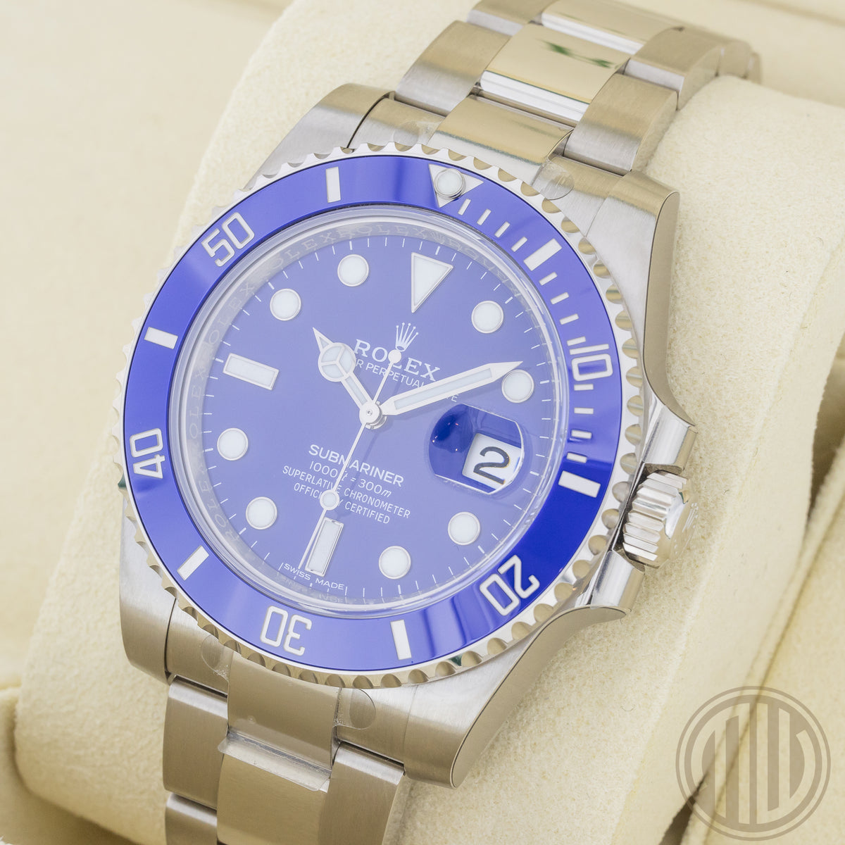 Rolex Submariner Date "Smurf" Full Sticker | 18kt Whitegold | Lc100 | Box and Papers | 2019
