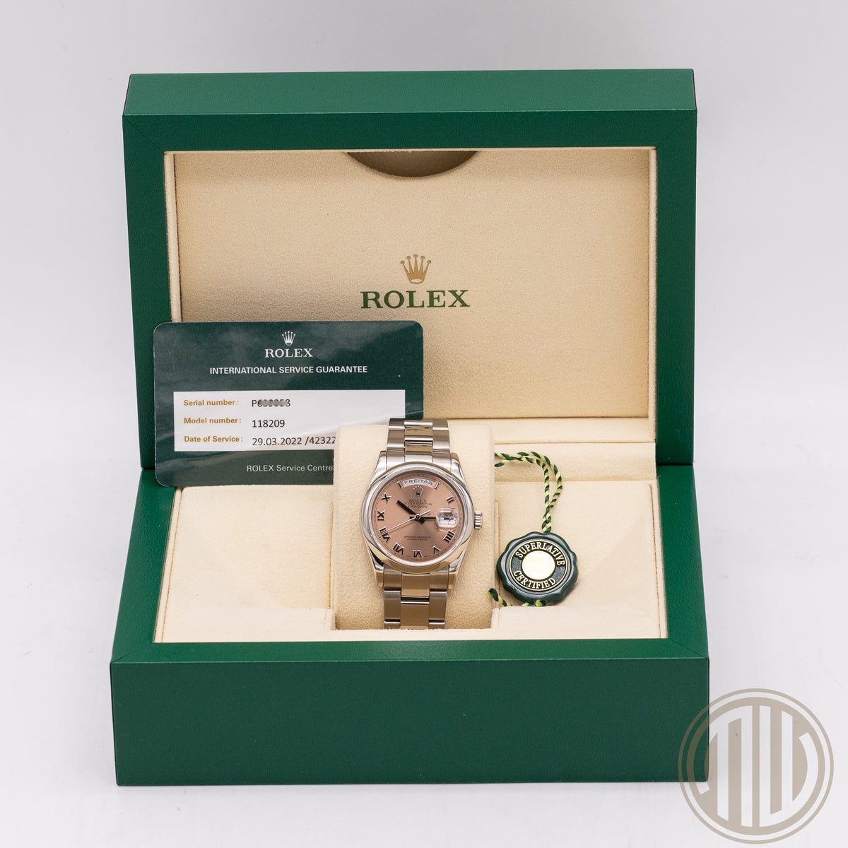 Rolex Day-Date 36 18kt Whitegold | Salmon Dial | Rolex Service Card | P-Series