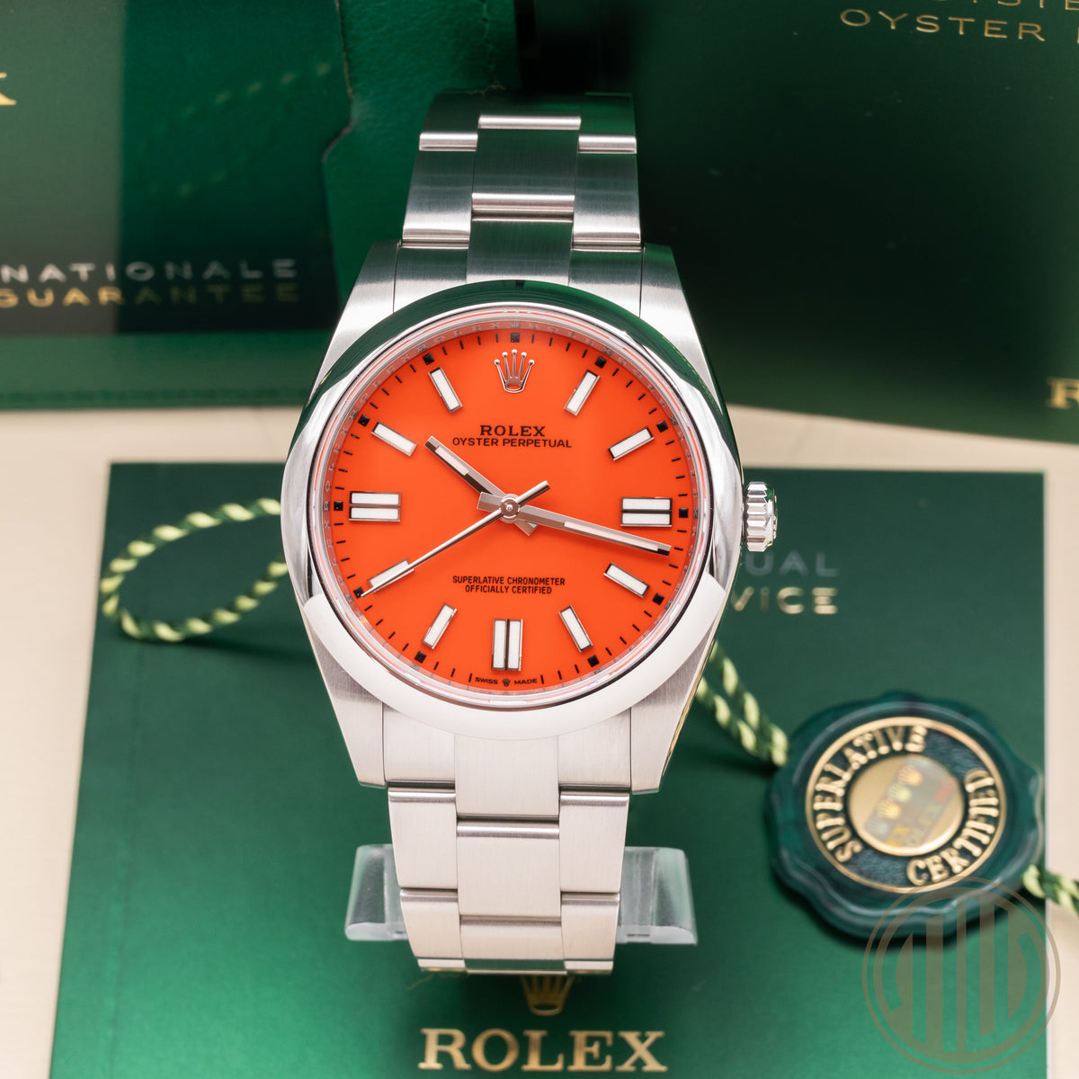 Rolex Oyster Perpetual 41 Red Coral Dial | New | Unworn | Box and Papers | 2021 | 124300