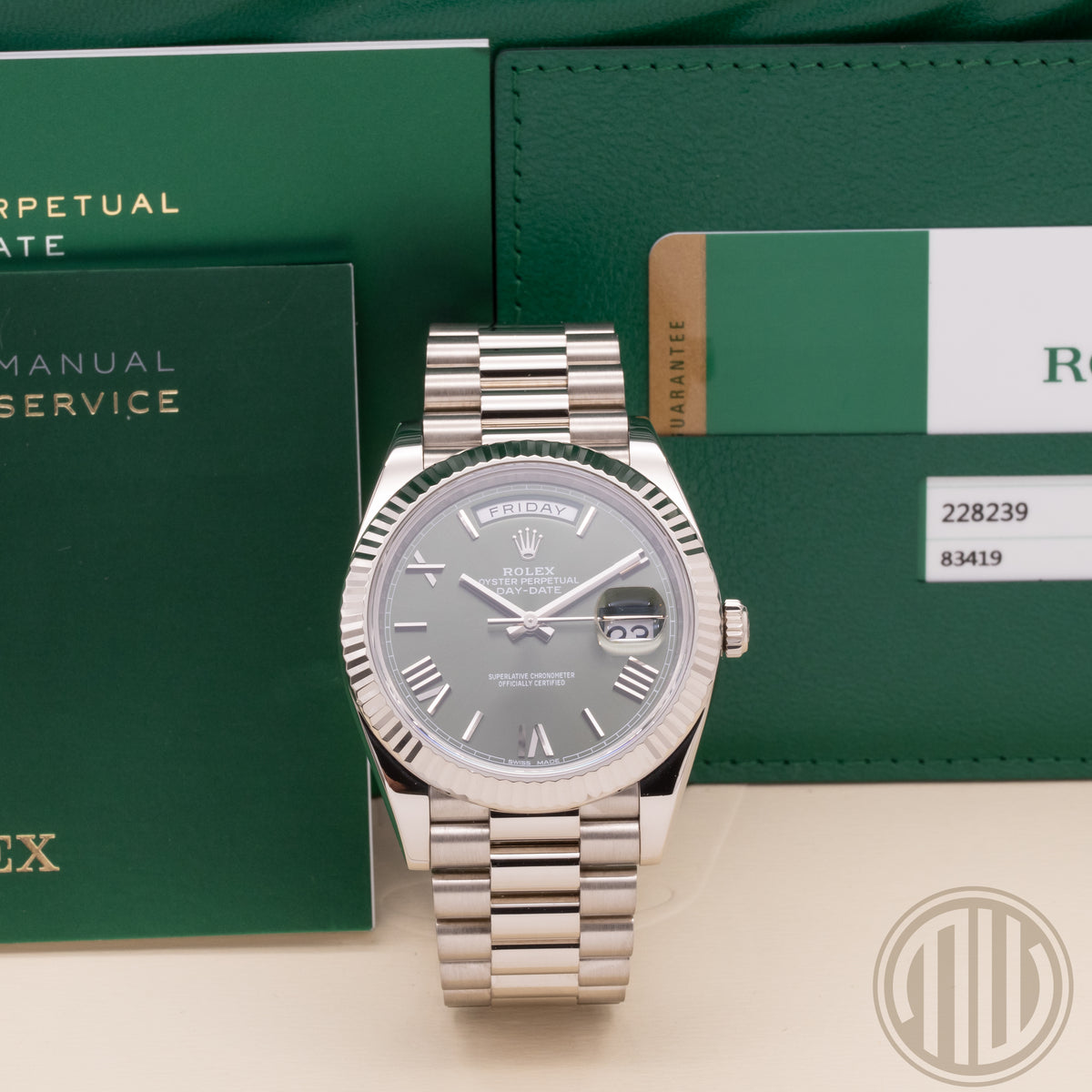 Rolex Day-Date 40 18ct Whitegold | Olive Dial | Box and Papers | 2018 | Ref: 228239